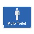 MTO SIGN TOILET 190MM X 255MM  MALE TOILET  BLUE BACKGROUND WHITE IMAGE POLY